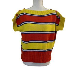 Vintage 70s 80s Knit Boat Neck Sweater Striped Yellow Red Blue White Womens